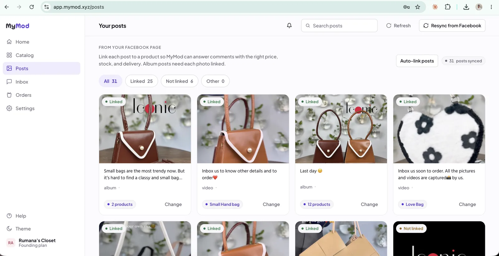 MyMod posts screen with Facebook posts auto-linked to catalog products