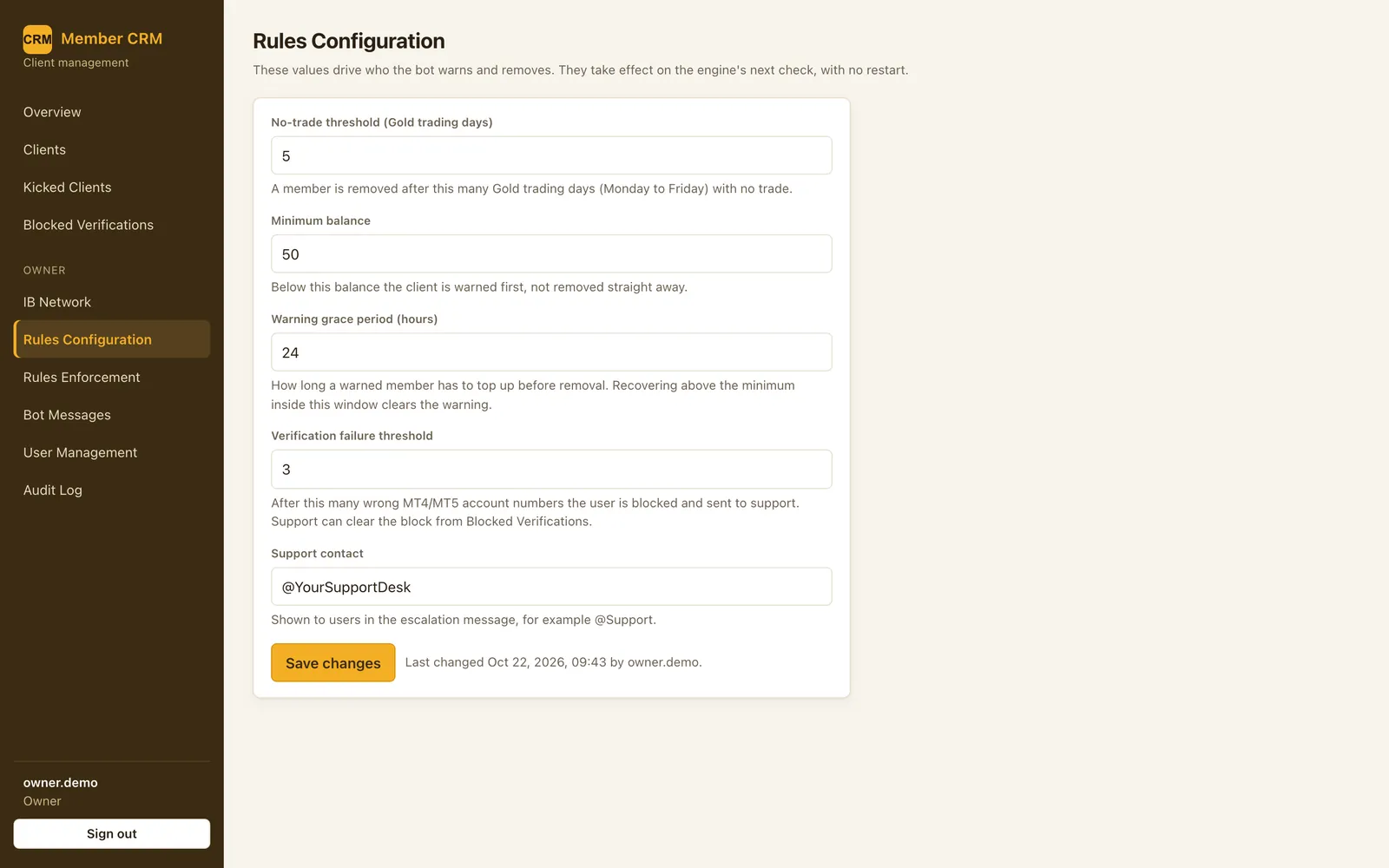 Rules configuration with no-trade threshold in Gold trading days, minimum balance, grace period and verification attempts
