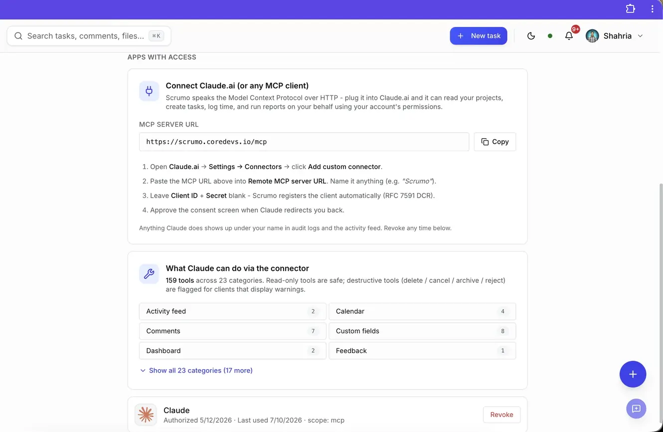 Scrumo connected apps page showing the built-in MCP server with 159 tools across 23 categories