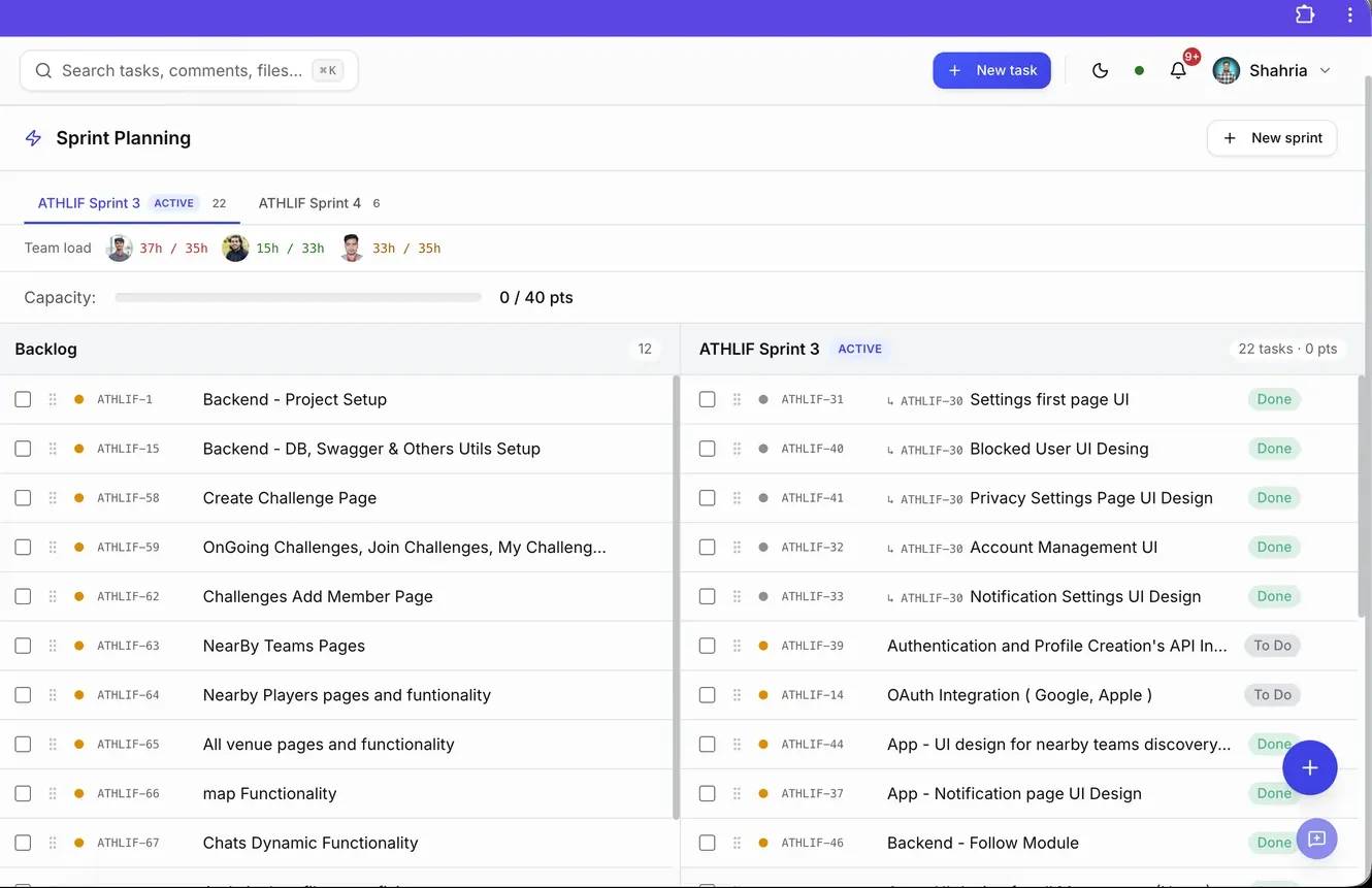 Scrumo sprint planning with backlog, nested subtasks, and per-member team load