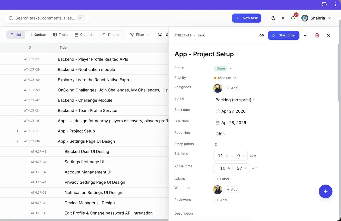 Scrumo task drawer with estimated versus actual time, sprint, dates, and assignees